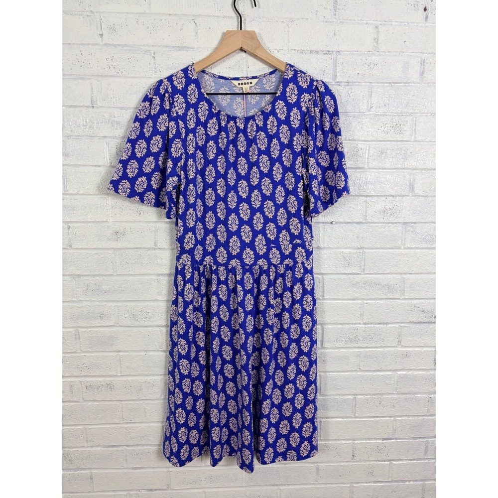 Boden Louisa Short Jersey Dress Womens 6R Blue Floral Pockets